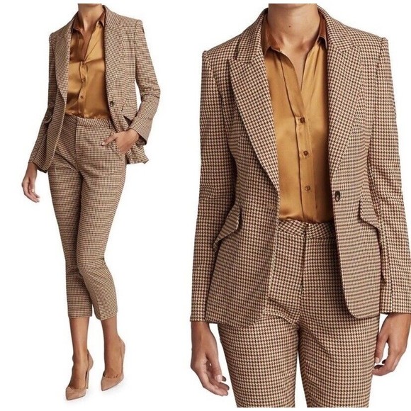 L’AGENCE Chamberlain Blazer In Tan Burgundy Houndstooth Size 4 - Picture 6 of 16